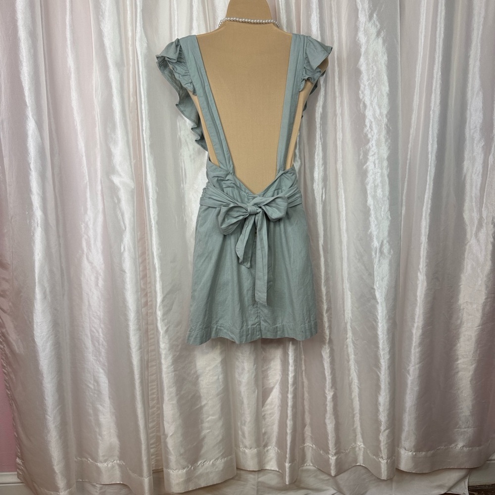 90. Free People Sage Green Linen Blend Ruffle Strap Dress with Bow Back Size S - Picture 3 of 7